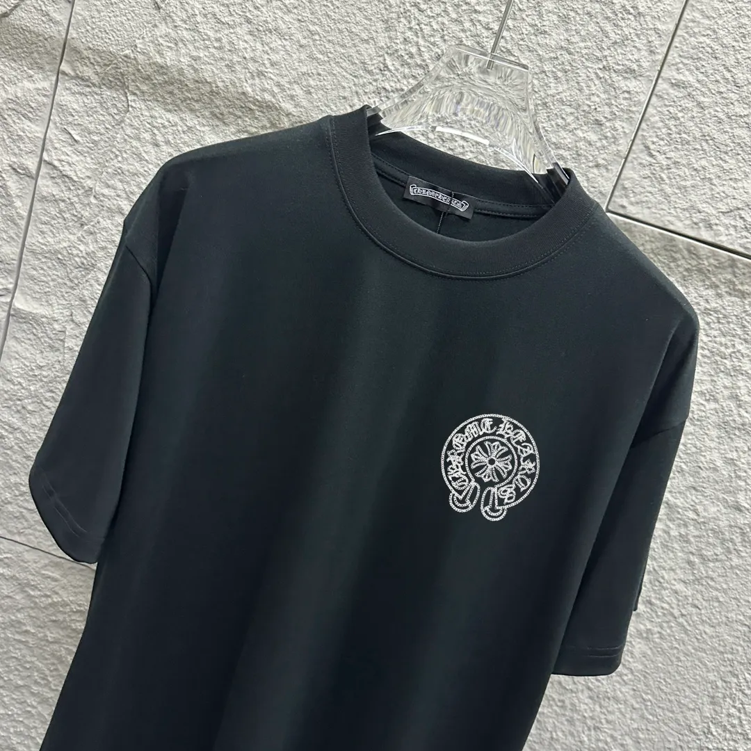 🅿️180 CH*Cro Heart*2025 spring and summer new style Classic horseshoe embroidery Customized double yarn plain cotton fabric Short-sleeved T-shirt Unisex Color: Black White Size: S (90-130 catties) M (120-150 catties) L (140-165 catties) XL (160-180 catties) XXL (180-210 catties)
